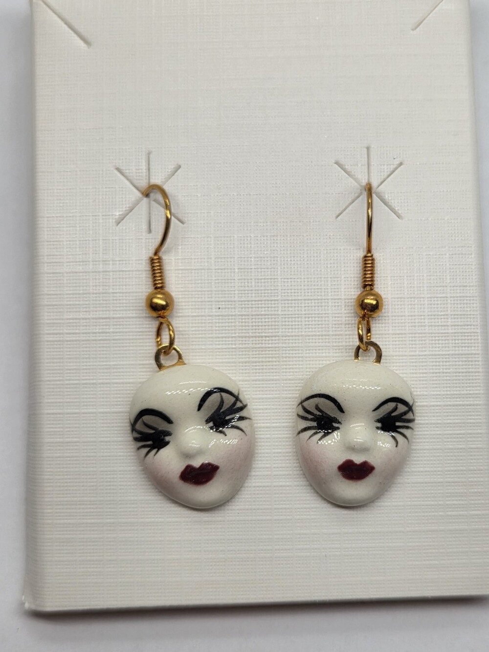Vintage Fancy Faces Hand Painted Porcelain Mask Dangle Earrings